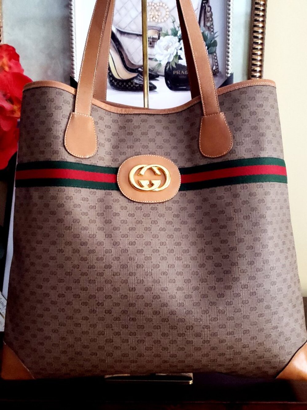 Authentic Vintage Gucci Tote Bag Sherry Line Brown PVC